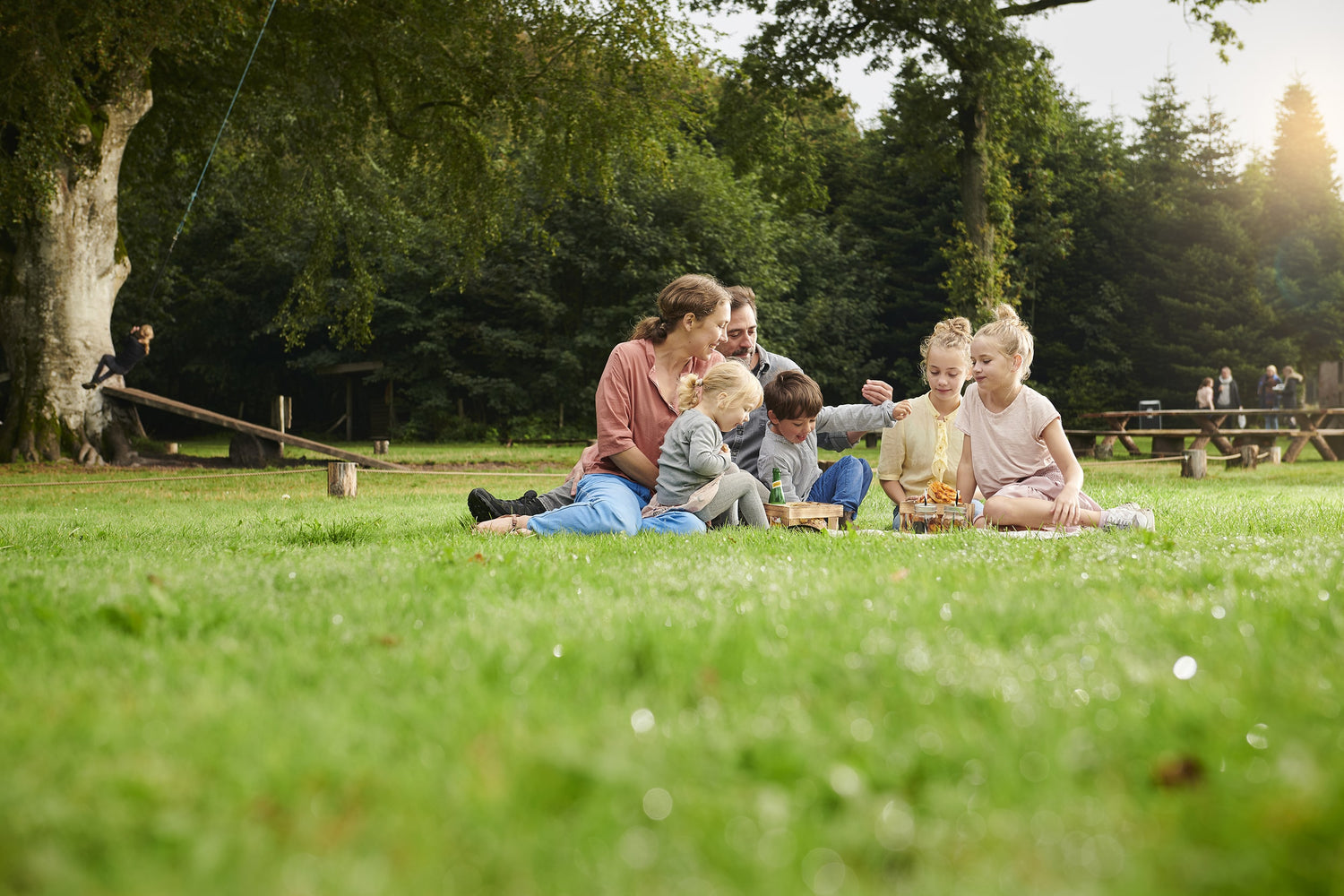 A family is sitting in the grass at WOW PARK, while others are enjoying themselves in the background.