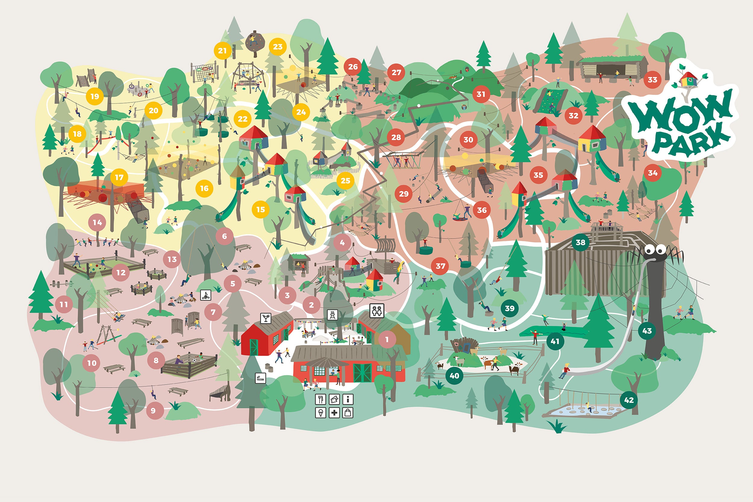 Et kort over forlystelserne i WOW PARK Skjern.