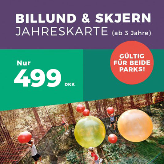 Børn, der leger i stort hoppenet.  Tekst med pris på 499 kr. for et årskort.
