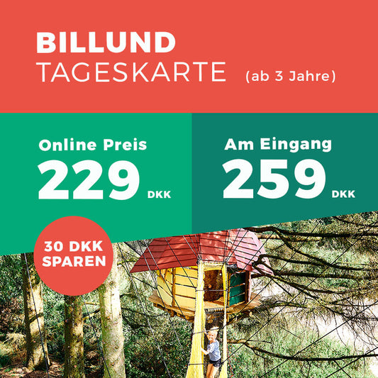 En glad pige går på en gangbro i træerne. Entréprisen ved indgangen og online, i WOW PARK Billund, er sat ind i billedet.