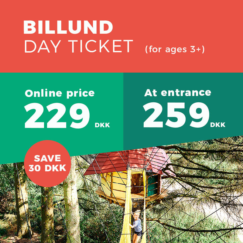 A happy girl is walking on a treetop walkway. The entrance price at the gate and online, in WOW PARK Billund, is displayed in the image.