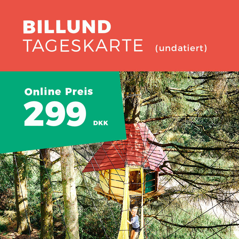 Eine Grafik, auf der man ein Mädchen sieht, das auf dem Weg zu einer Netzbrücke in WOW PARK ist, und man sieht den Preis von 299 DKK.