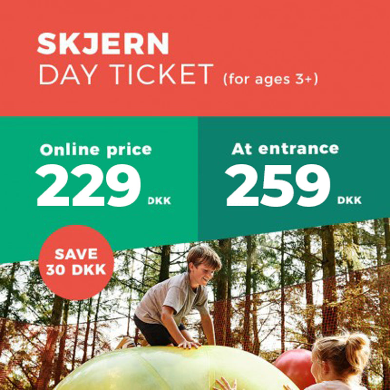 A happy girl is walking on a treetop walkway. The entrance price at the gate and online, in WOW PARK Skjern, is displayed in the image.