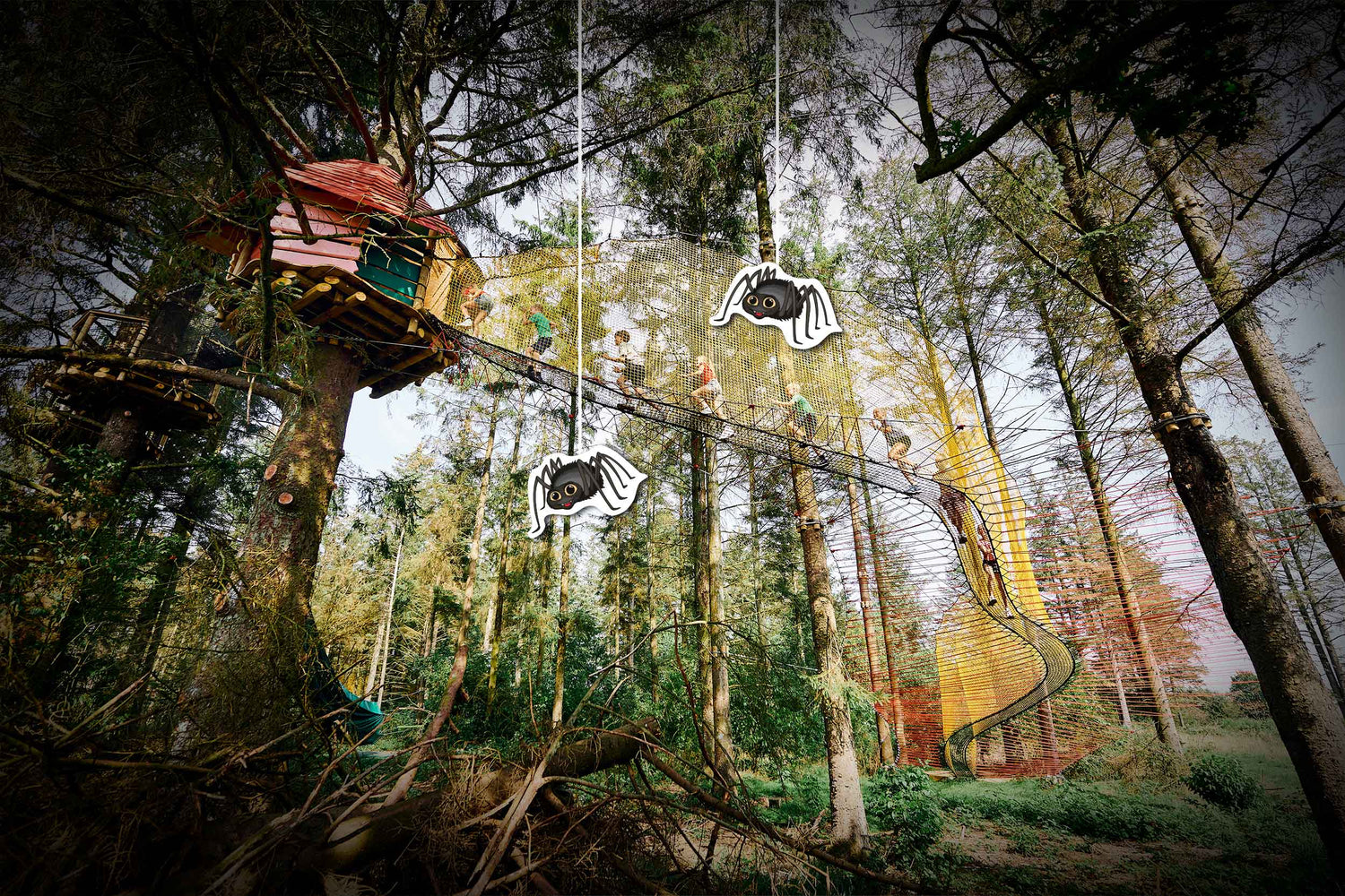 Treehouse and net up in the trees. In front, two spiders (graphic) hang down.