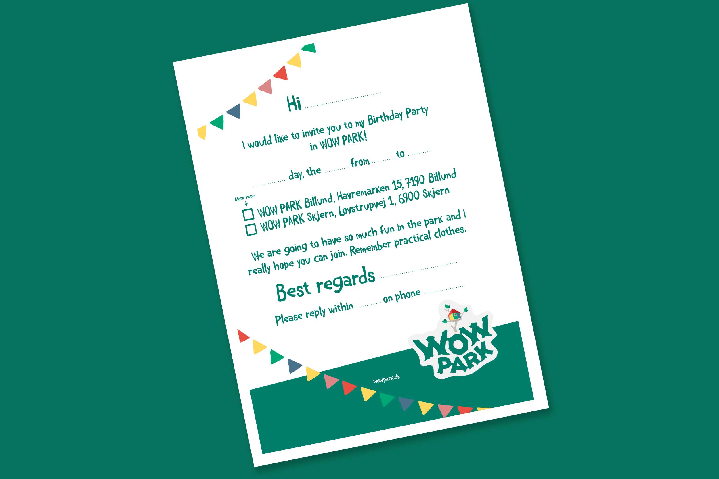 A white WOW PARK printable children's birthday party invitation.