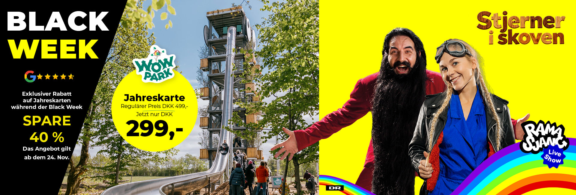 Motor Mille und Herr Skæg stehen nebeneinander. Im Hintergrund ist der RIESE im WOW PARK Billund zu sehen. Es gibt auch einen Text mit der Black Week-Botschaft.