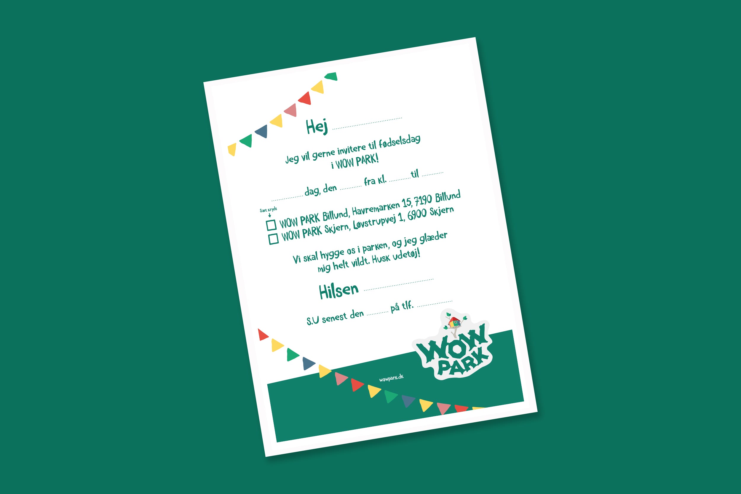 Invitation til børnefødselsdag i WOW PARK med hvid baggrund.