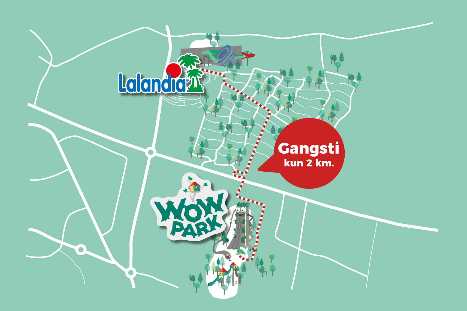 Kort over gangsti fra Lalandia til WOW PARK i Billund