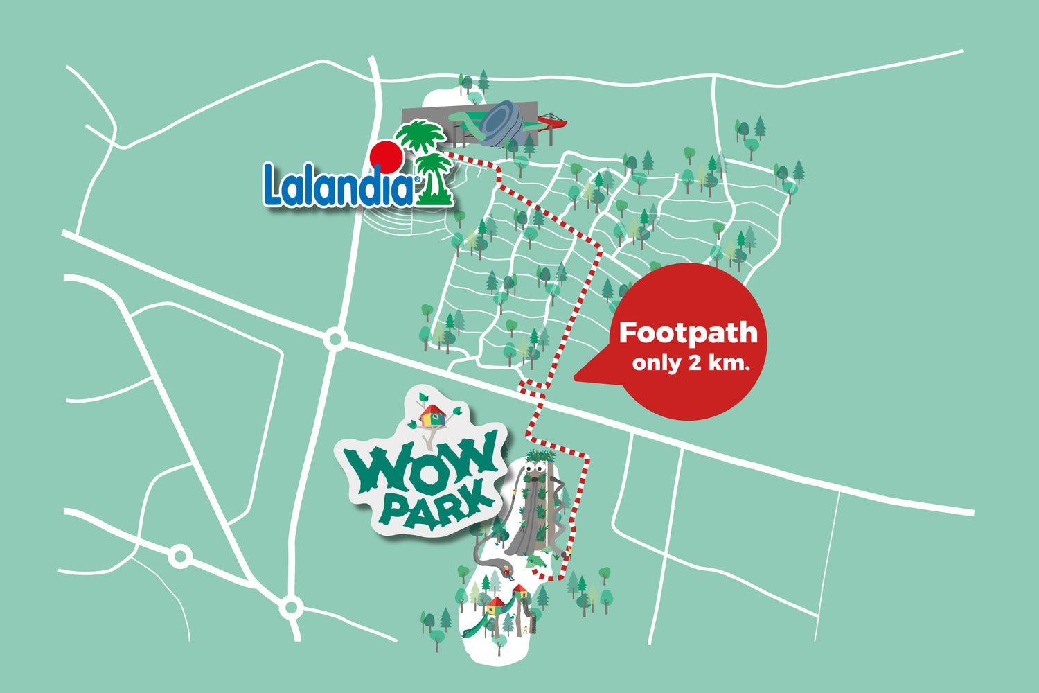 A map with directions from Lalandia Billund to WOW PARK Billund.