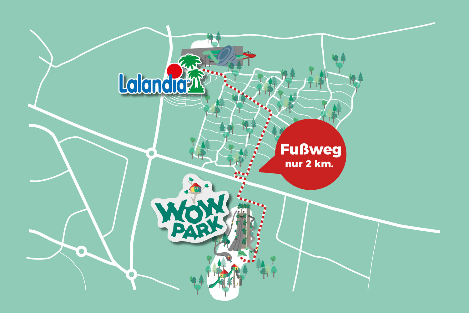 Eine Karte, die den Weg von Lalandia Billund zu WOW PARK Billund zeigt.