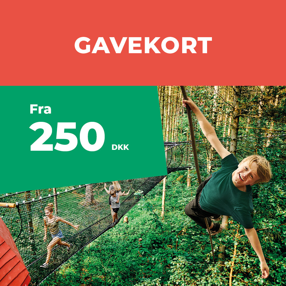 En dreng svæver gennem luften i WOW PARK. Der er en tekst, hvor der står: "Gavekort - fra 250 kr."