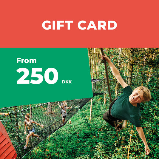 En dreng svæver gennem luften i WOW PARK. Der er en tekst, hvor der står: "Gavekort - fra 250 kr."