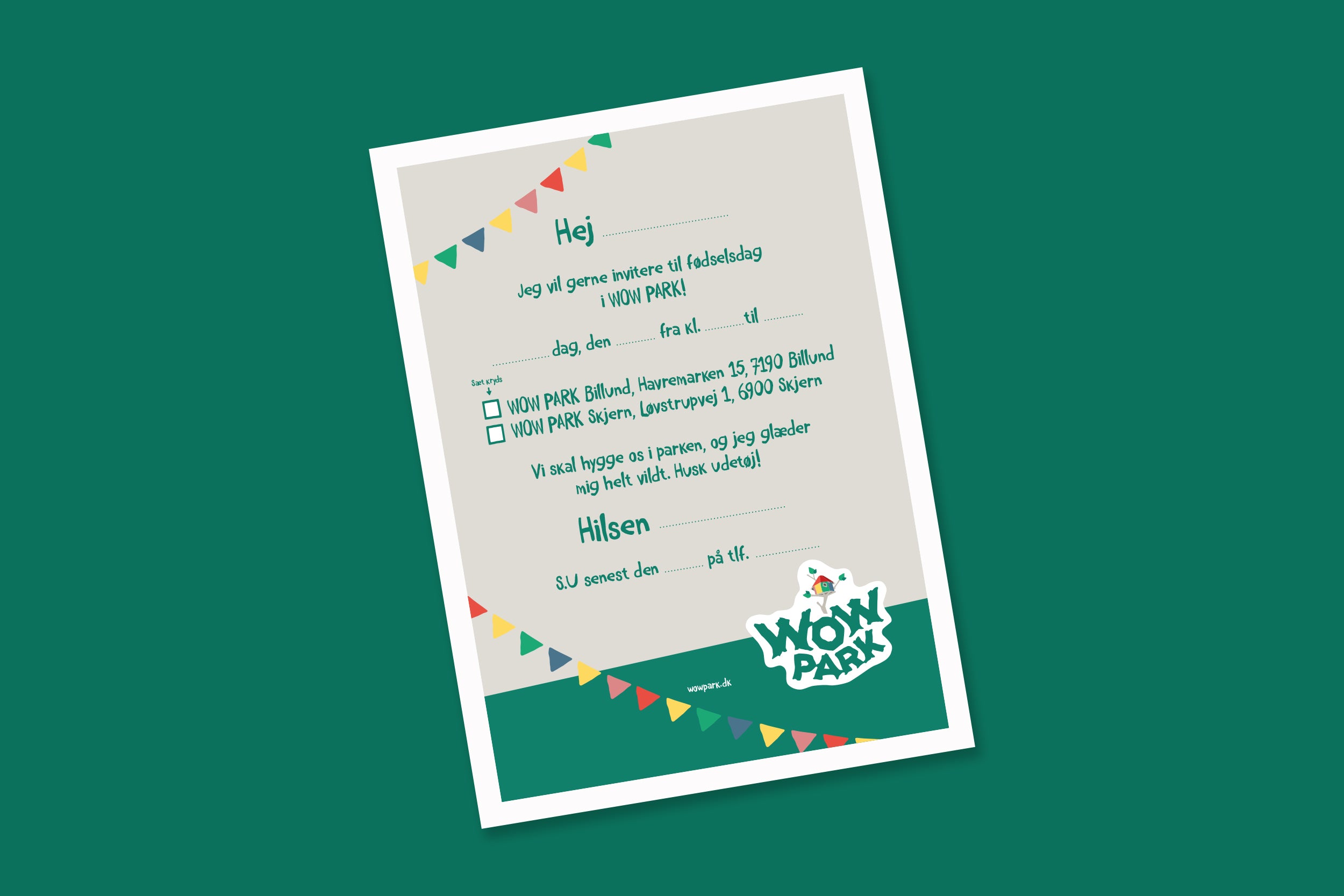 En invitation til børnefødselsdag i WOW PARK, man selv kan printe.