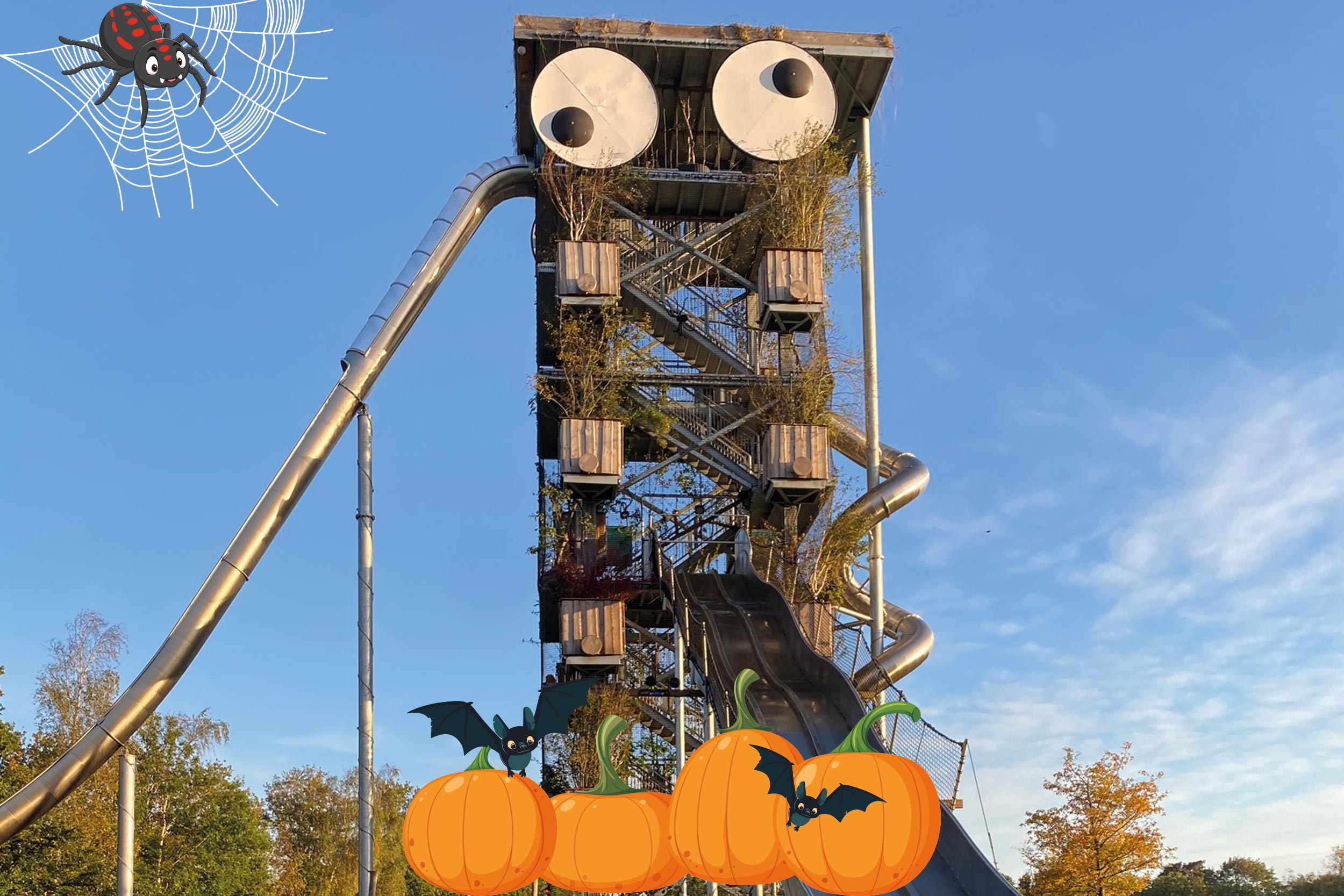 The GIANT in WOW PARK Billund adorned with pumpkins, bats, and a spider.