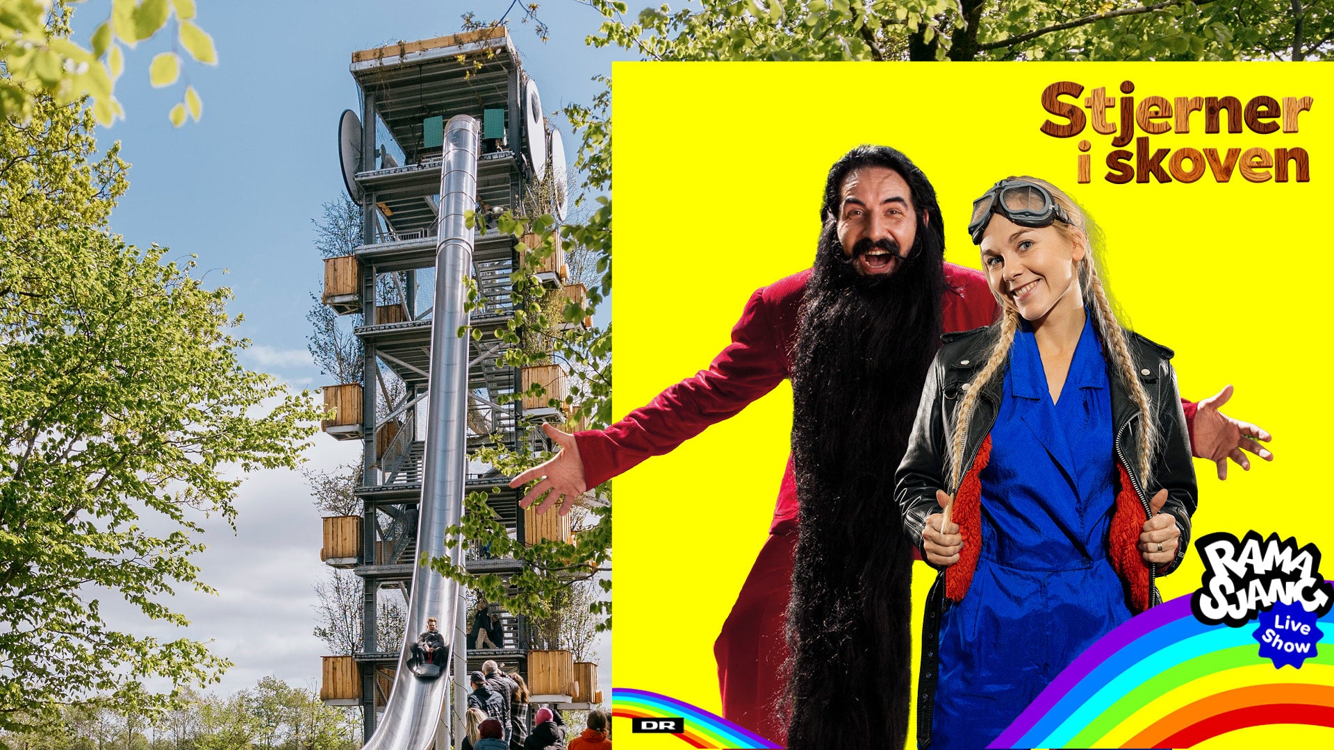 Hr. Skæg og Motor Mille og noget grafik, hvor der står "Stjerner i skoven". GIGANTEN er i baggrunden.