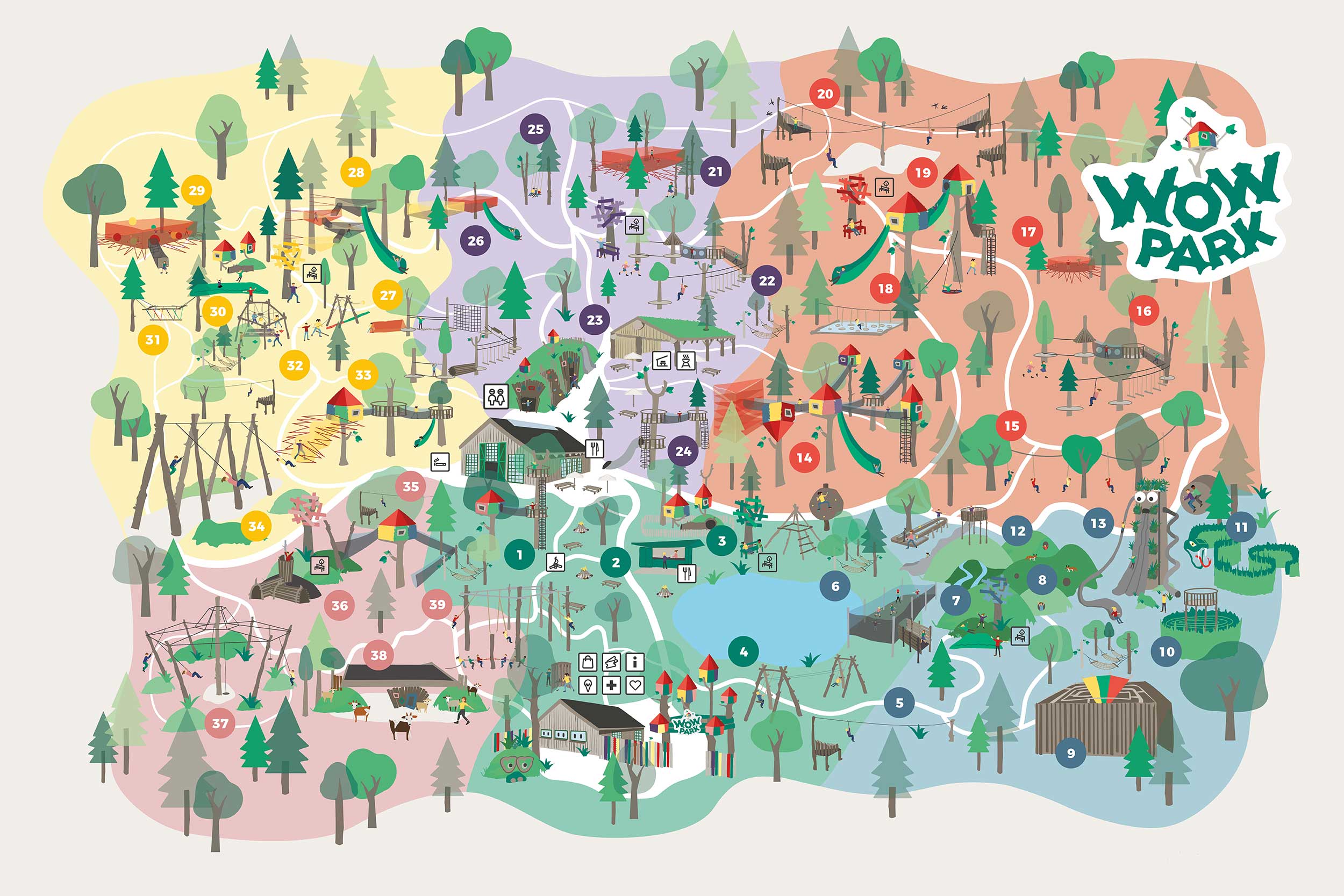 Map of WOW PARK Billund showing where the different attractions are located in the park.