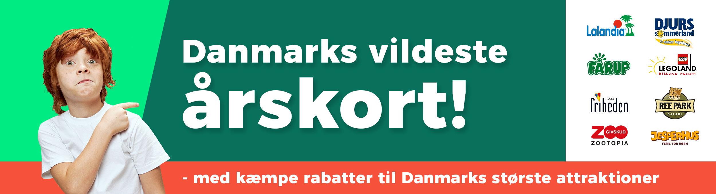 En grafik/et årskortbanner, hvorpå der står: "Danmarks vildeste årskort". Nogle af de attraktioner, hvor man kan få rabat, hvis  man har et årskort til WOW PARK, er vist med logoer.