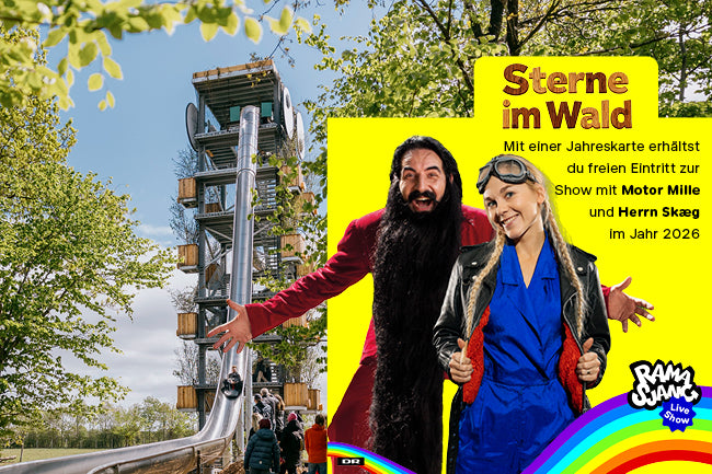 Man sieht Motor Mille und Hr. Skæg. Daneben sieht man den GIGANT im WOW PARK Billund.