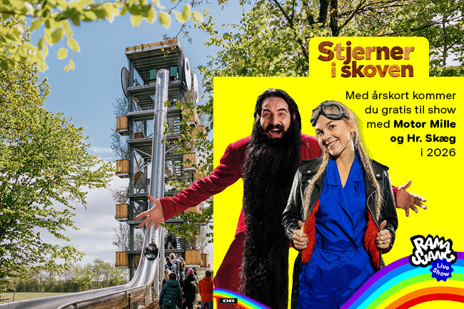 Motor Mille og Hr. Skæg står ved siden af hinanden med GIGANTEN som baggrund. Der står en tekst om "Stjerner i skoven", og fordelen med årskort, at man kan komme gratis til shows, når man har årskortet.