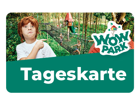Man sieht einen Jungen, der auf die Attraktionen im WOW PARK zeigt. Auf einer Grafik steht "Tageskarte" mit Text.