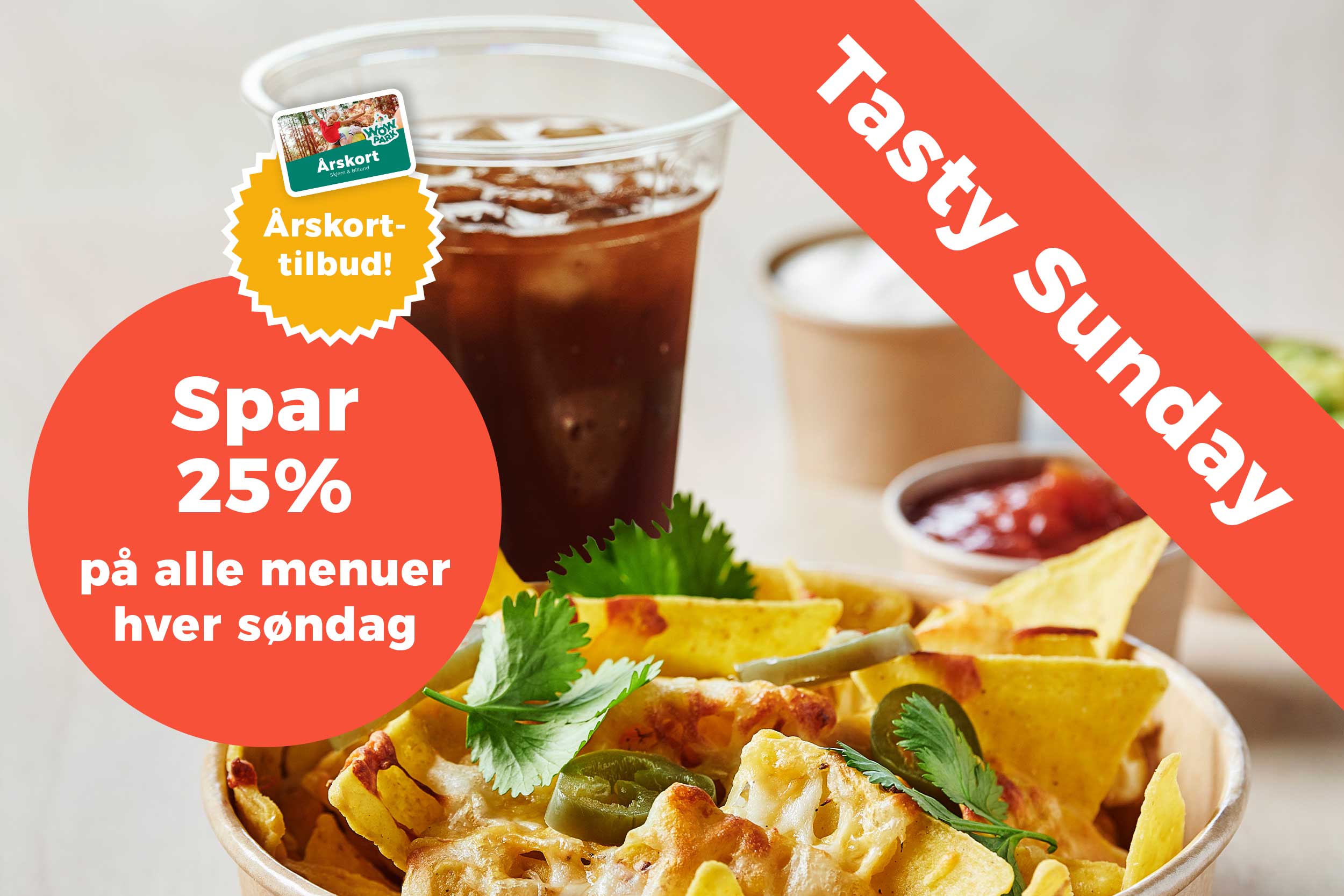 Nachos, cola og tilbehør.