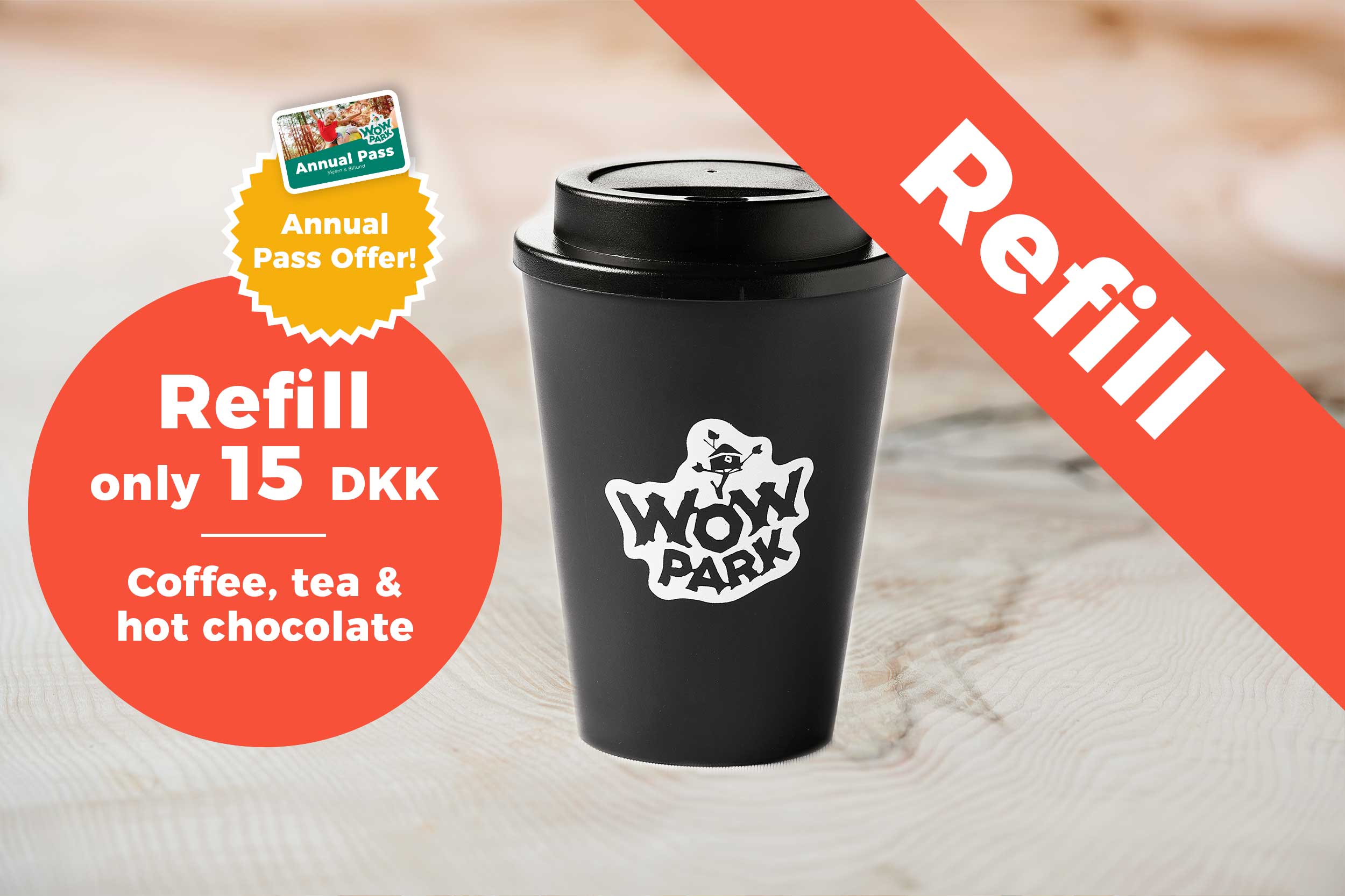 A WOW PARK mug alongside text about an annual pass offer.