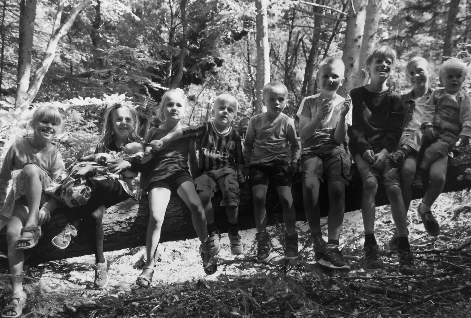 Eine größere Gruppe von Kindern sitzt auf einem Baumstamm im WOW PARK