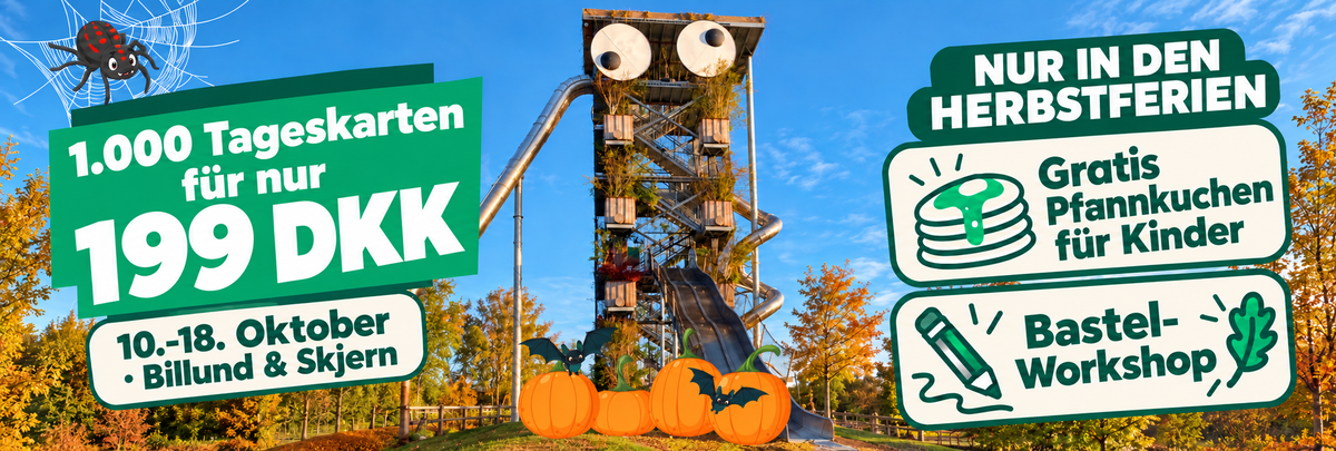 GIGANTEN im WOW PARK Billund mit Text zum Preis von 199 DKK und einer Liste der Aktivitäten in den Herbstferien.