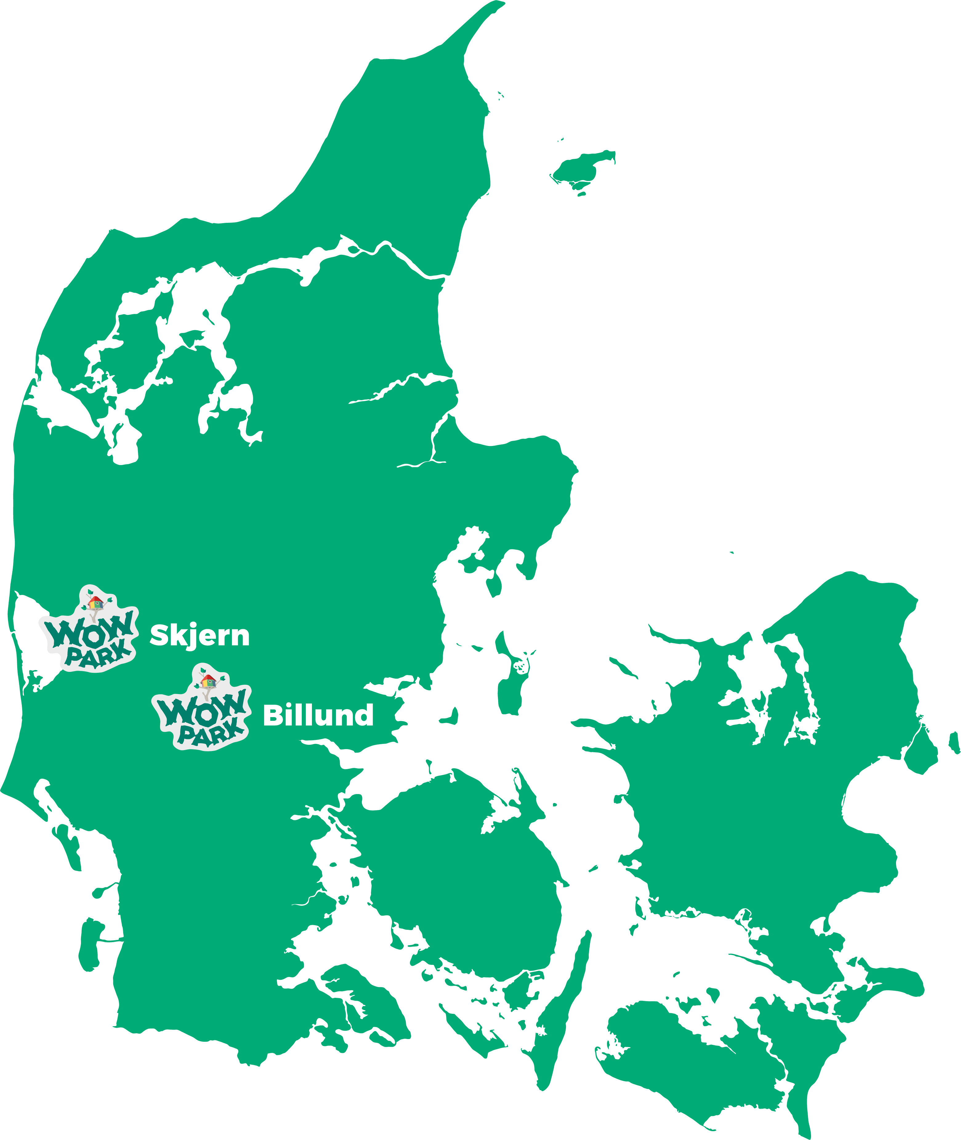 Danmarkskort som viser de to steder, hvor WOW PARK ligger
