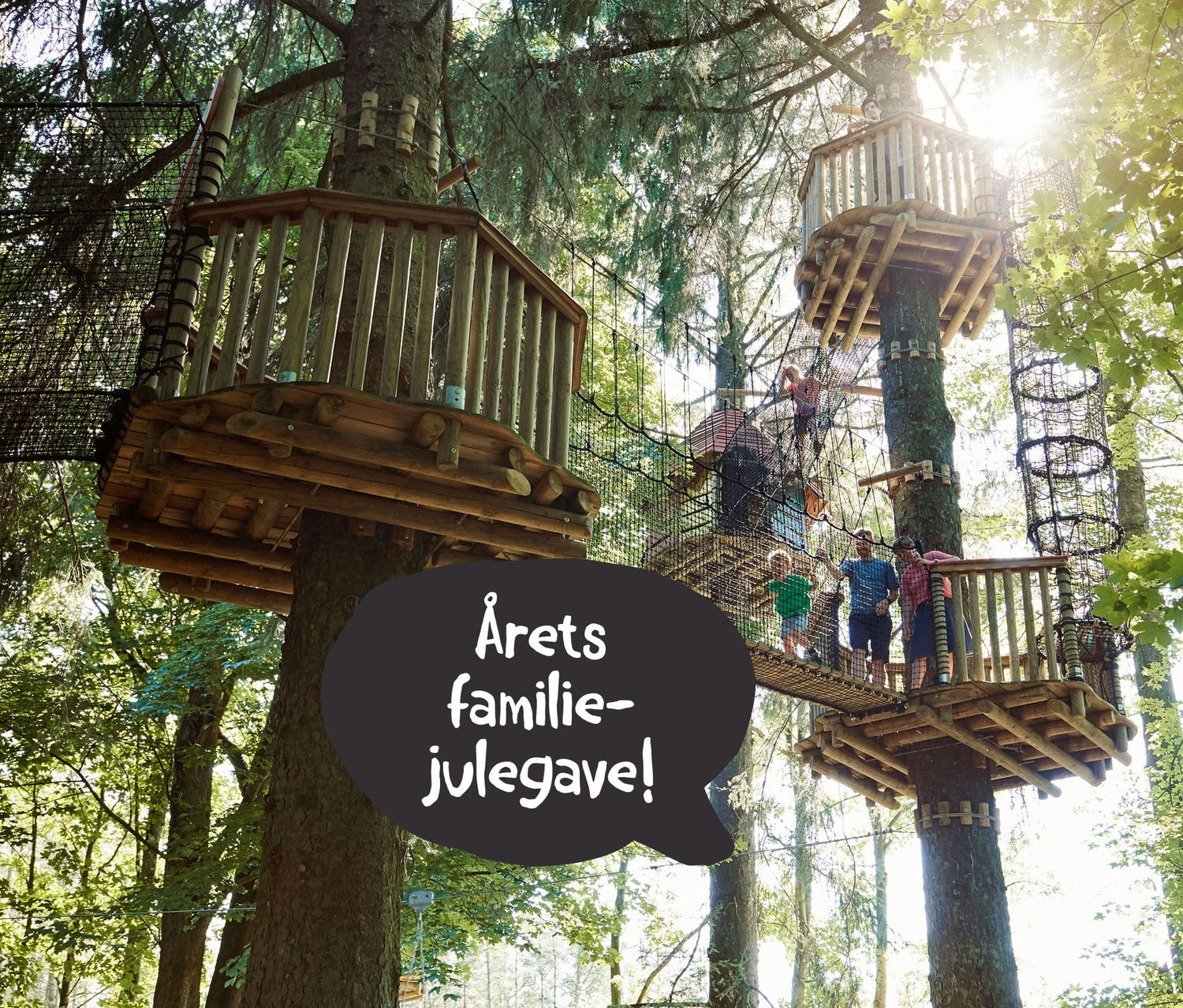 Trætophuse i WOW PARK. Solen skinner, og flere personer går oppe i træerne.