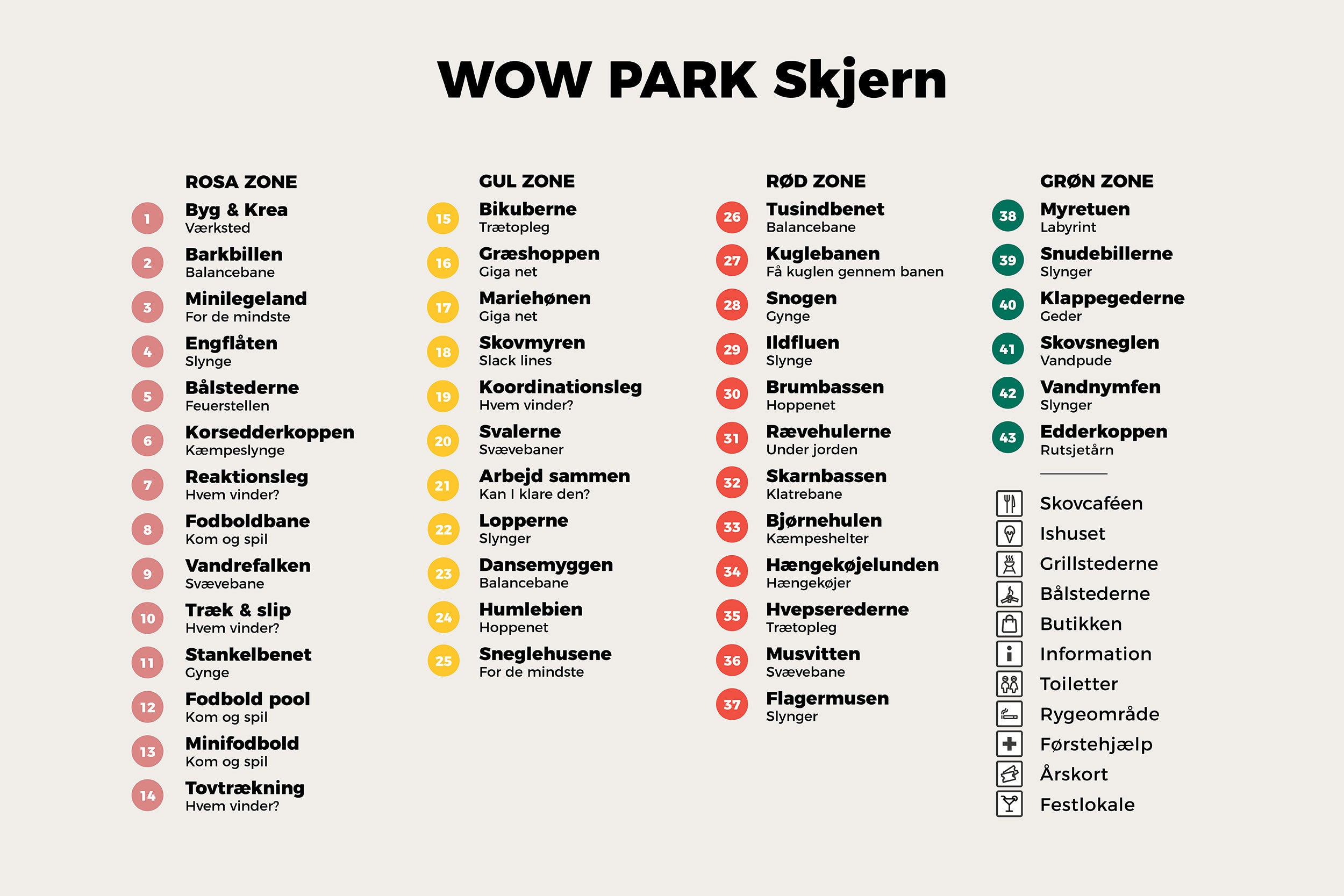 Oversigt over navnene på forlystelserne i WOW PARK Skjern.